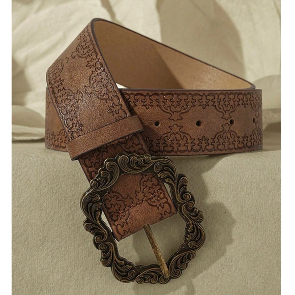Luxe Vegan Leather Brown Vintage Style Belt - Picture 2 of 6